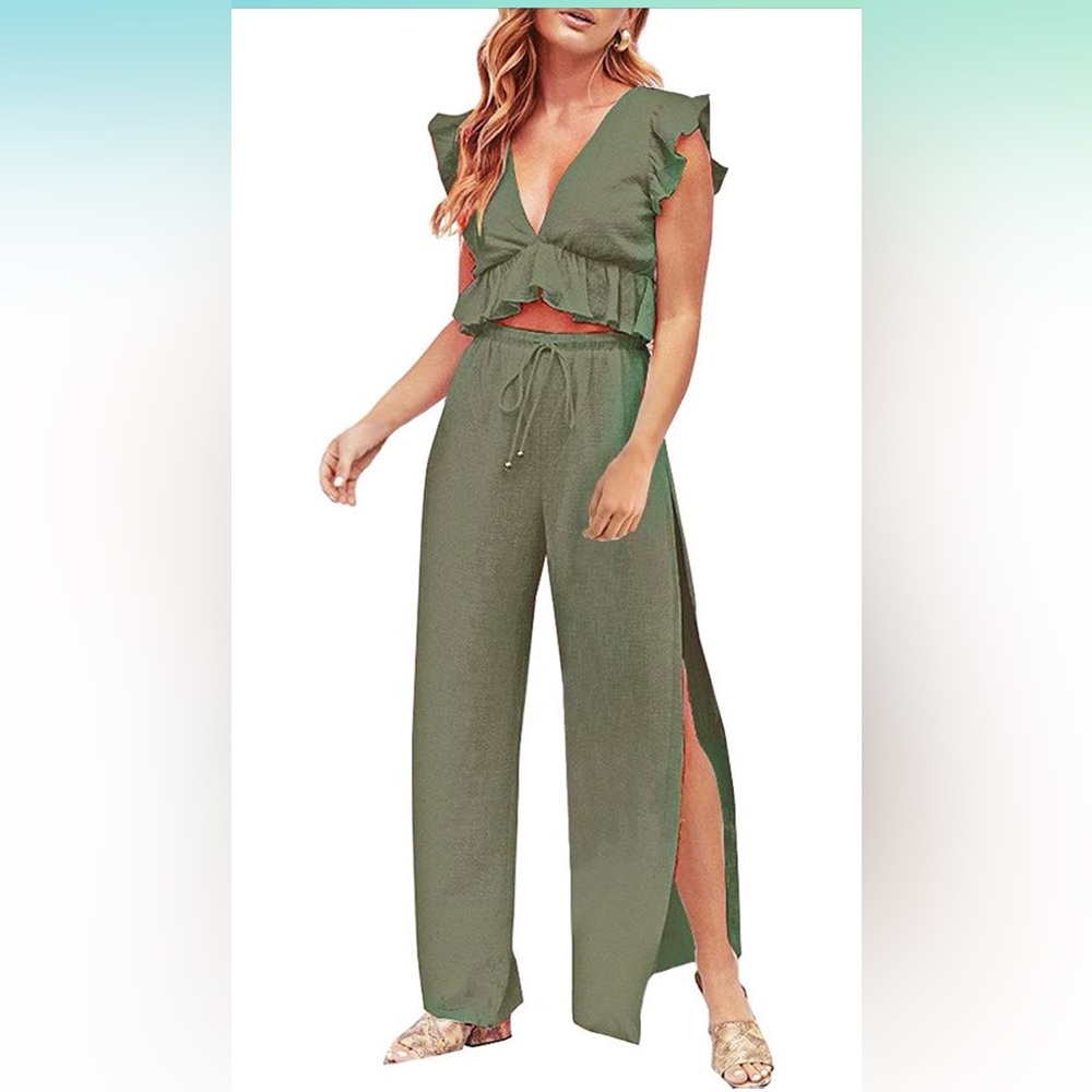 Green 2 Piece crop top wide leg set